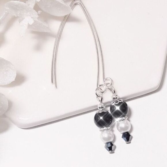 Earrings  044L# Glass pearl black white earrings long drop earrings twee regency - Picture 1 of 3